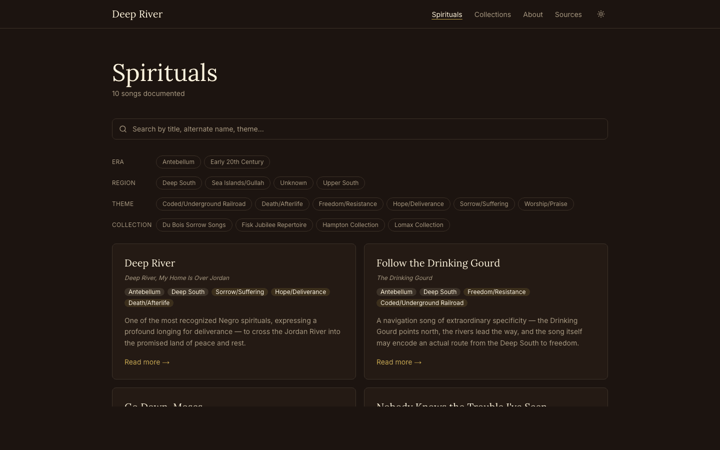 Deep River — the Spirituals browse page showing 10 documented songs with multi-dimensional filters for era, region, theme, and scholarly collection